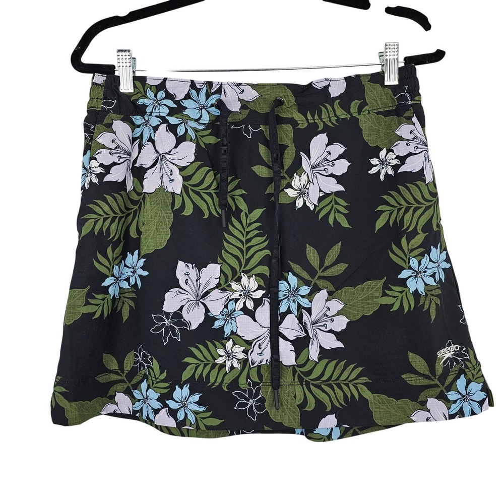 Speedo Womens Tropical Floral Swim Skort Black Purple Green Medium Drawstring